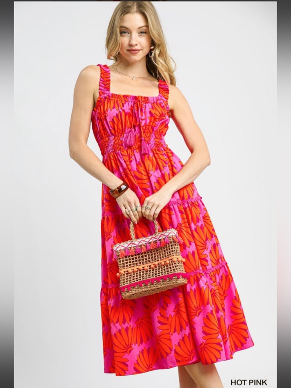 NWT Umgee Hot Pink and Orange Floral Tiered Midi Dress Ruffle Straps Tropical